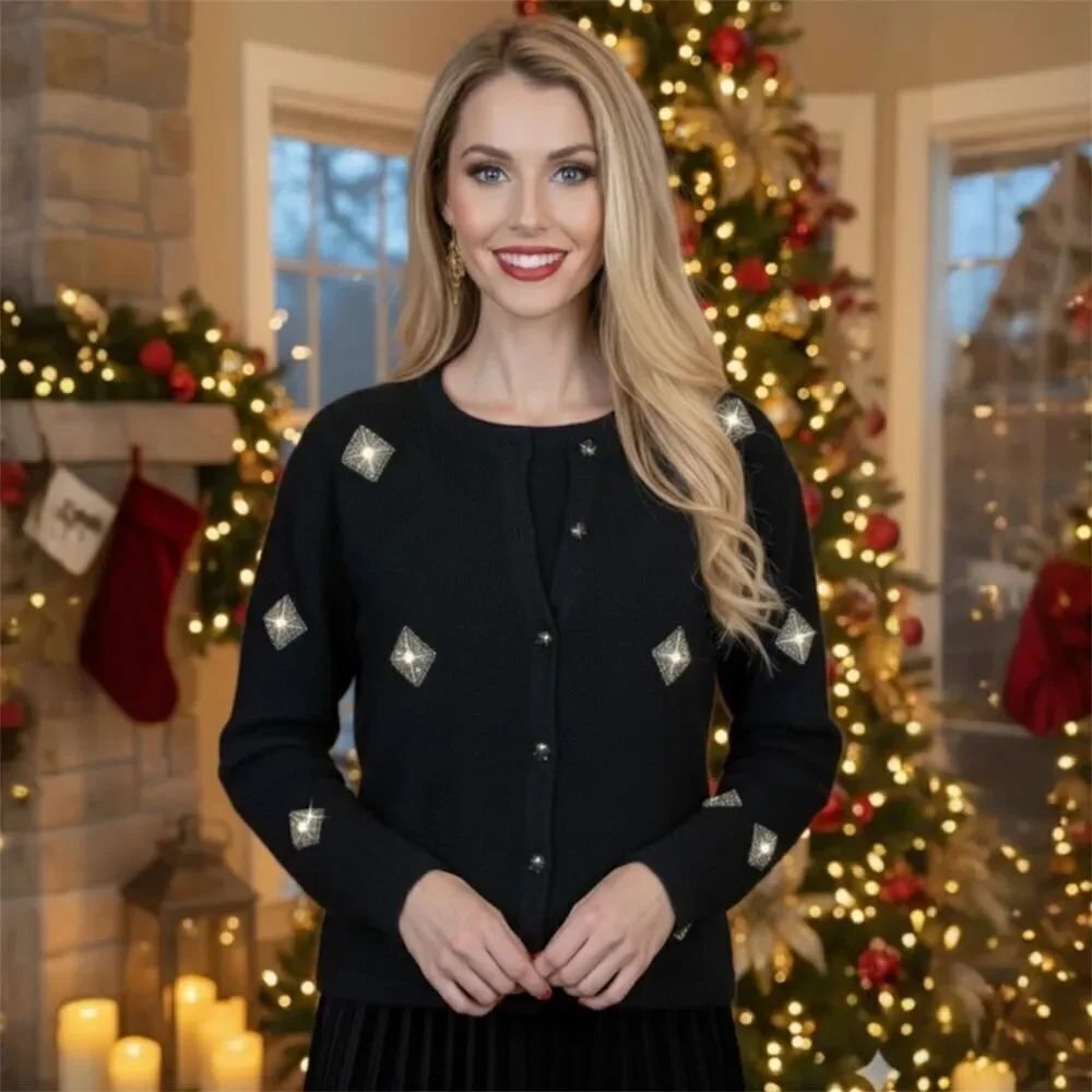 VTG Karen Scott Petites Black Silk Angora Beaded Diamond Cardigan Sweater Sz P S